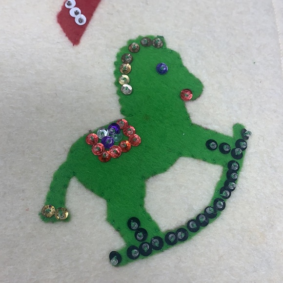 Vintage SCOTT felt Christmas stocking w/drum, rocking horse, candy cane, sequin - Picture 4 of 17